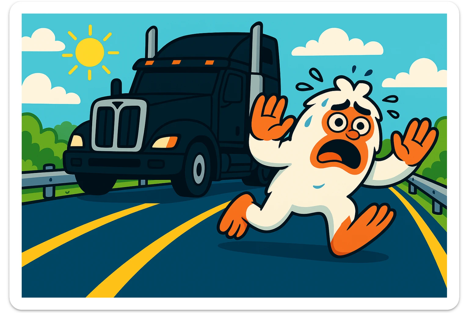 Add a guardrail along the side of the highway, keeping the small, scared abominable snowman in front of the black semi truck, both on the same side of the road, with the semi at a 45-degree angle. Maintain the bright, distant highway view. The style should remain consistent with the original image's look and feel. sticker