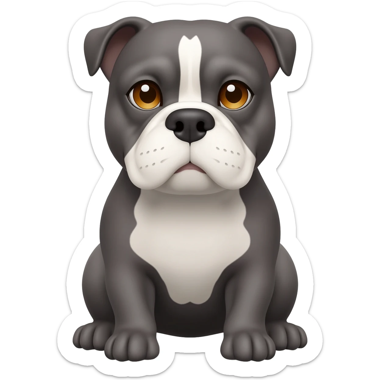 senior gray English bulldog, with small caramel details in eyebrows, white details in face, white chest, sitting in his paws. eyes are honey color sticker