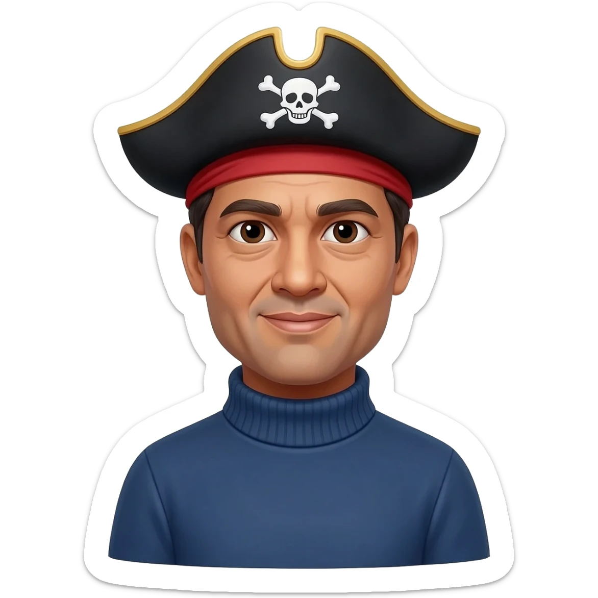 middle aged male indian primary school teacher looks like brad pitt without a moustache wearing a thick plain roller-neck jumper with a pirate headband sticker