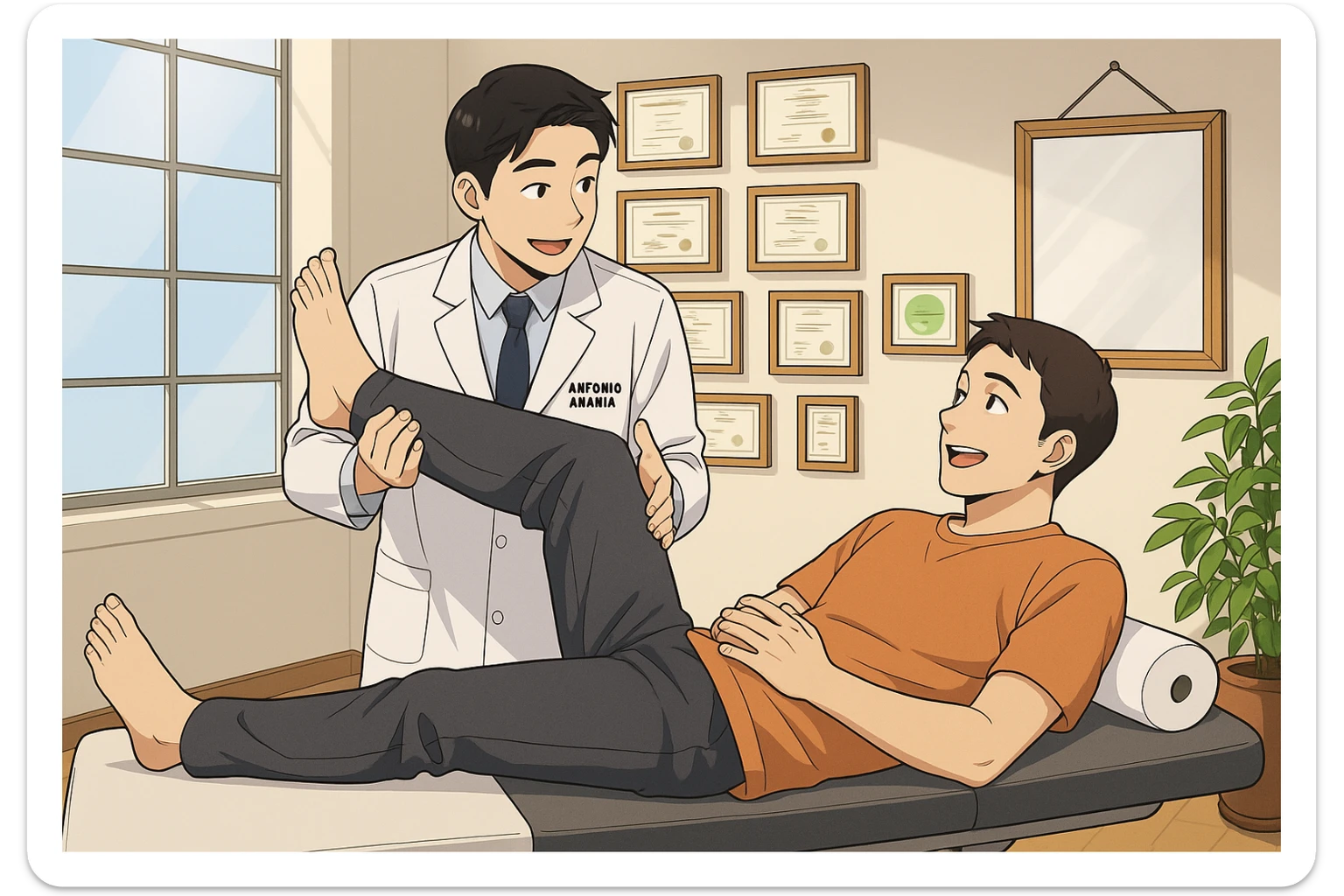 su questo lettino rappresenta un webtoon manga a colori con questo stile, in cui un uomo è steso sul lettino medico e il kinesiologo con il camice bianco (fagli anche la scritta "ANTONIO ANANIA" SUL CAMICE, gli solleva una gamba per fargli il test neuromuscolare, IL KINESIOLOGO SPIEGA ALL'UOMO UNA cosa mentre gli alza la gamba. l'espressione dell'uomo è felice e soddisfatta, non fare i fumetti però, fai solo in modo che sembri stiano parlando sticker