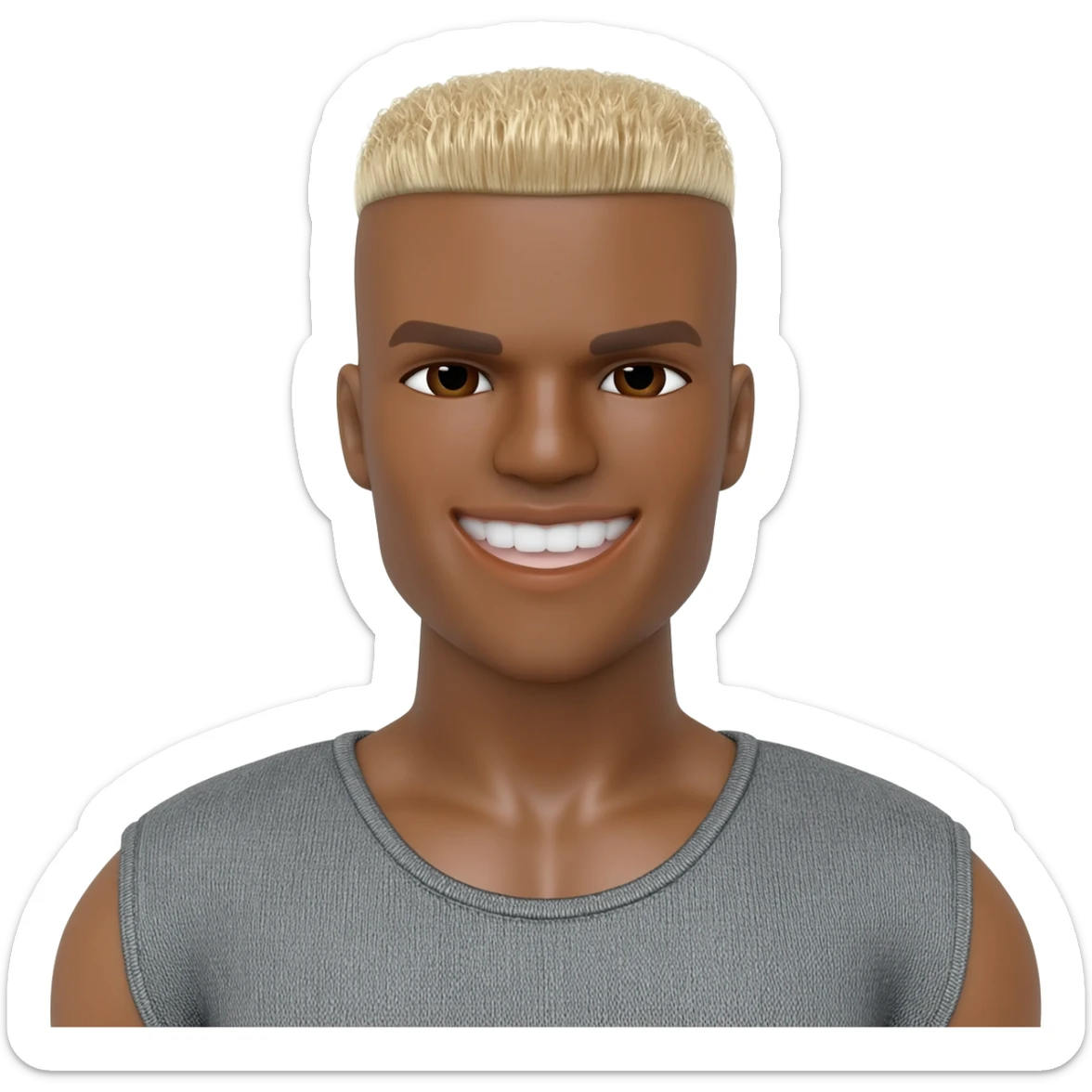 Brown skin Ken doll with buzz cut blonde short hair brown eyes slim fit with muscles, smiling sticker