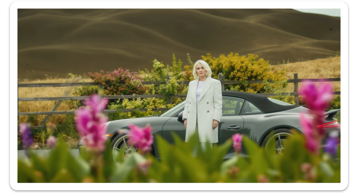 A portrait of a white person next to porsche 911 in the foreground, blurred plants in the foreground, a wooden fence and colorfull flowers in the midground, rolling hills in the background, cinematic depth of field, layered composition, natural lighting sticker