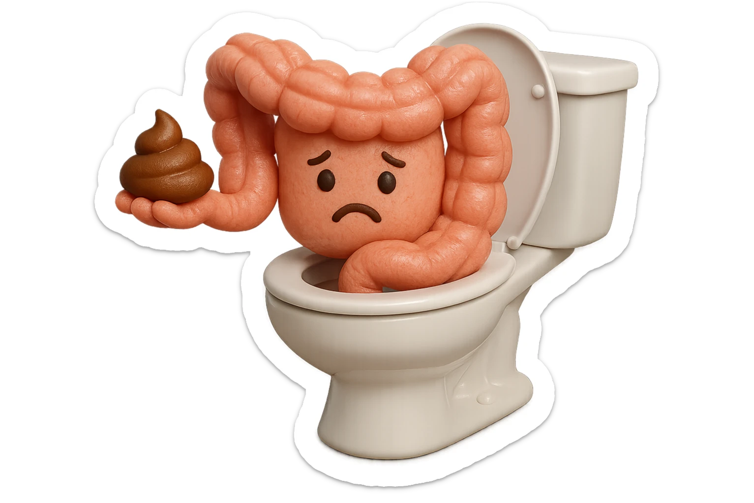emoji stile iphone di un intestino realistico 3d che esce dal wc con in mano una montagnetta di feci con espressione triste a palline, iperrealistico 4k sticker
