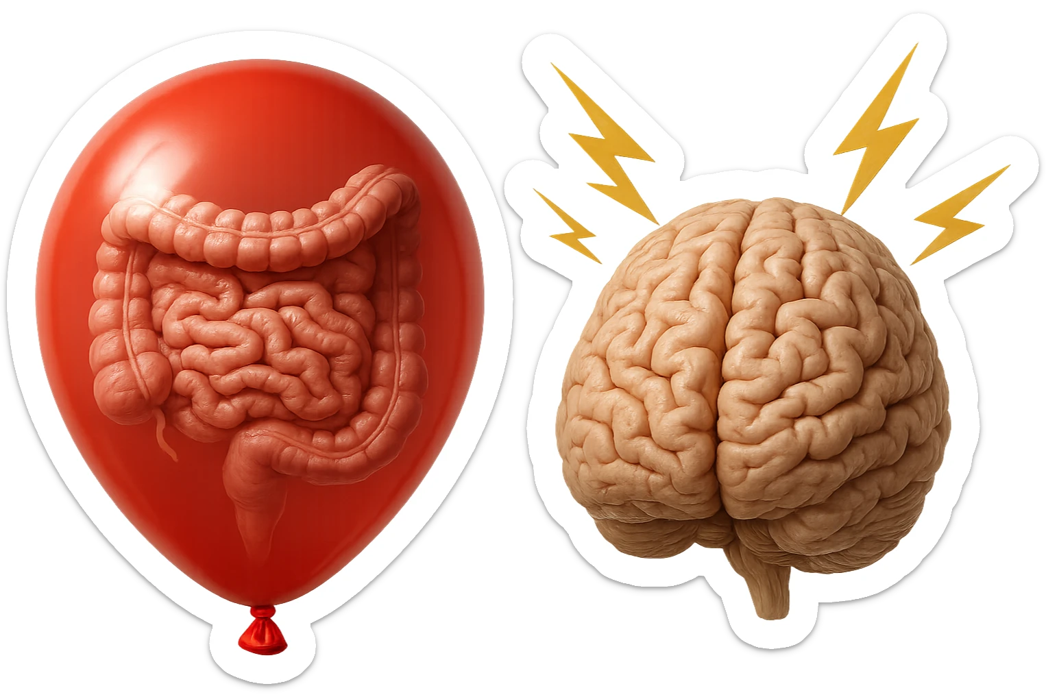 intestino umano anatomico chiuso in un palloncino rosso che simboleggia gonfiore, accanto un cervello anatomico con fulmini vicino che simboleggiano "stress", iperrealistico 4k sticker