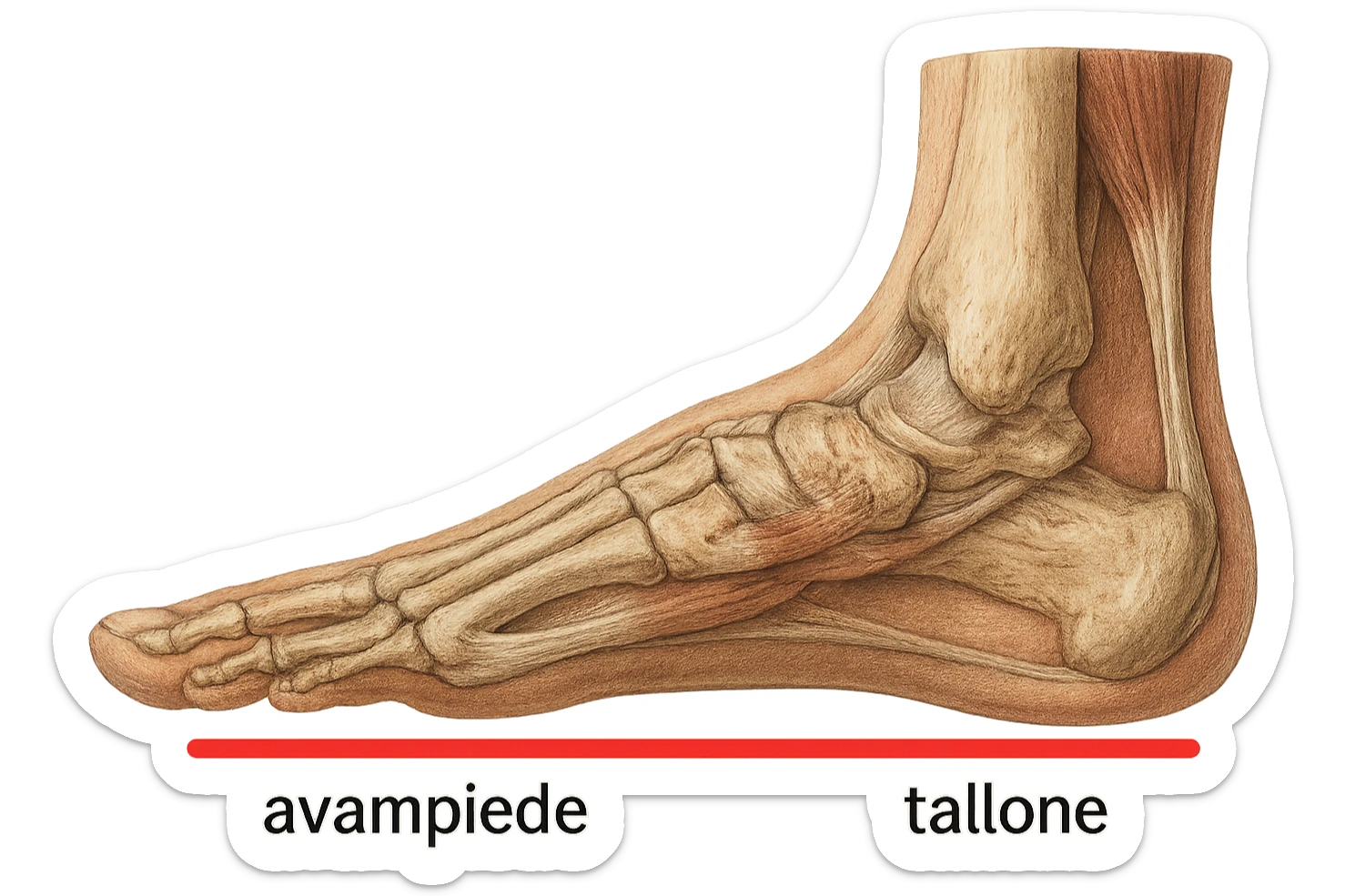 spazio dall'avampiede al tallone umano sottolineato in rosso, fai l'arto umano anatomico realistico con evidenza su quel tratto sticker