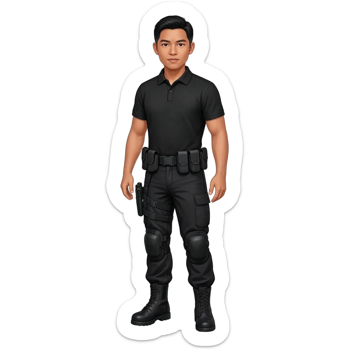 Filipino man black polo shirt and black fatigue combat pants with holster belt and black combat boots sticker