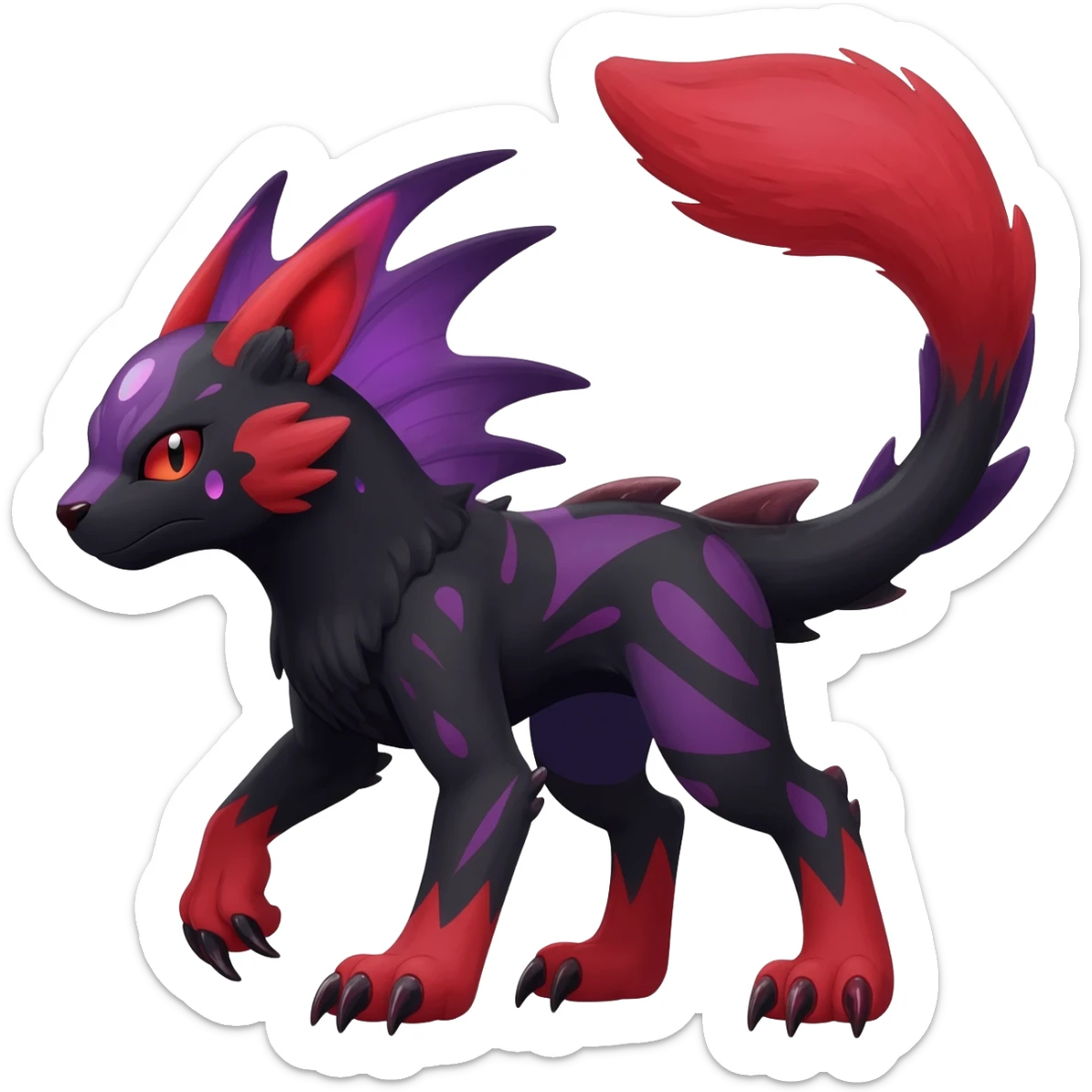 Rare realistic exotic edgy dark gothic gloomy spooky black and red/purple epic pretty beautiful handsome gorgeous aesthetic colorful vibrant Vernid-Trico-species-Fakemon-Salandit-hybrid-creature by LiLaiRa, 4 legs, 1 tail, random markings, (full body) sticker