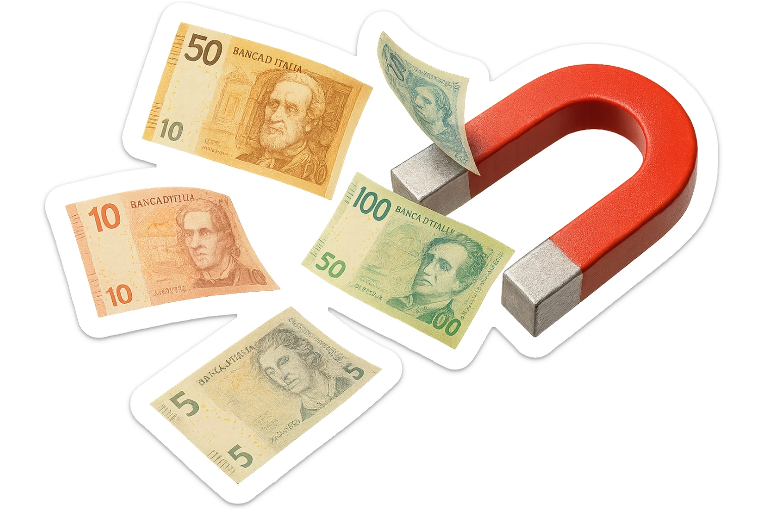 cinque banconote fluttuano in aria attratte da una calamita rossa, iperrealistica 4k, isolato su sfondo bianco sticker