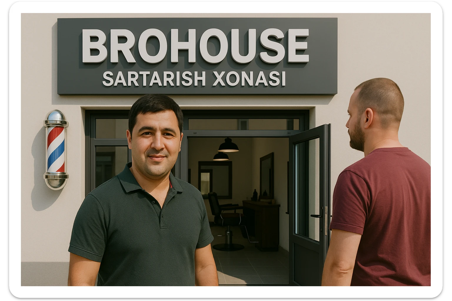 eni shu rasimga manashu odamga uxhshasin sartaosh eshik oldida tursin va tashqarida esa mijoz rasm esa 16 ga 9 bulsin 1920x1080 sticker