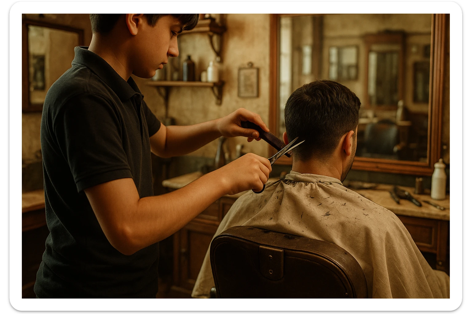 yuzi ko'rinmasin sartaroshxonada ishlayotganini tasvirlab ber mijozlarni sochini olayotganini o'smirin davrini sticker