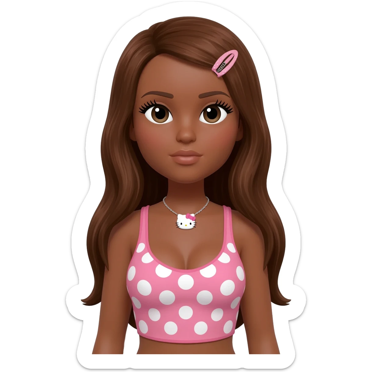 doll eyes with long lashes, dark brown skin, long brown hair, big chest, hello kitty necklace, one bow clip, pink and white polkadot tops sticker