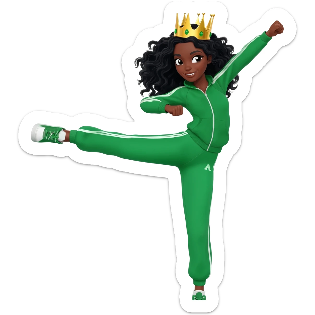 White curvy female with super wavy black hair wearing a crown and doing a high kick wearing a green track suit sticker