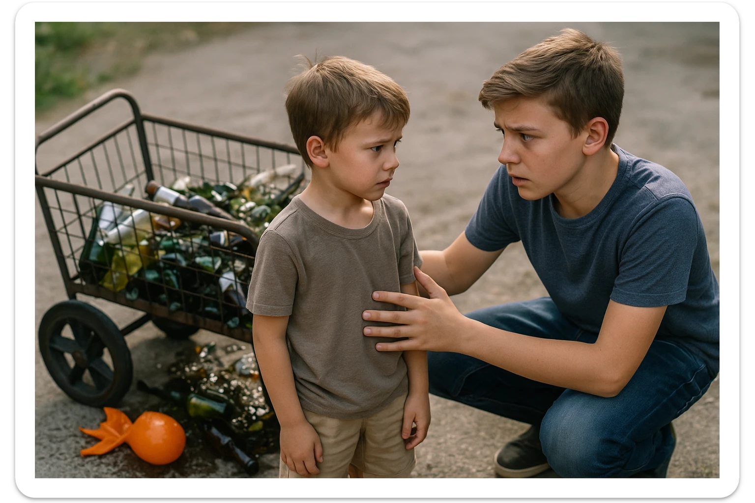 g'ildiragi singan ichimliklar ortilgan arava bir baloni singan uni yonida aka uka havotirli nigoh bilan bir biriga qarab turishibdi realistik qilib ber sticker