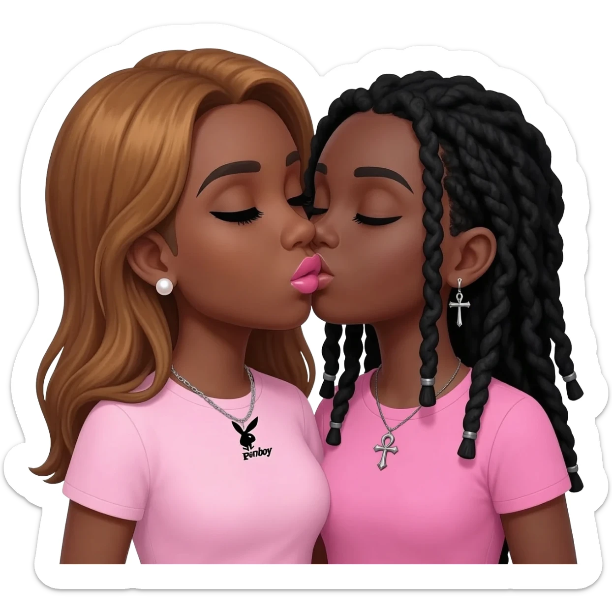 Bimbo, pearl earrings stud, Light pink cute lips, black eyebrows, long honey brown hair, dark brown skin, playboy necklace with lashes, light pink shirt, kissing the goth black girl with pink shirt, with brown skin, cross earrings, ankh necklace with black dreadlocks sticker