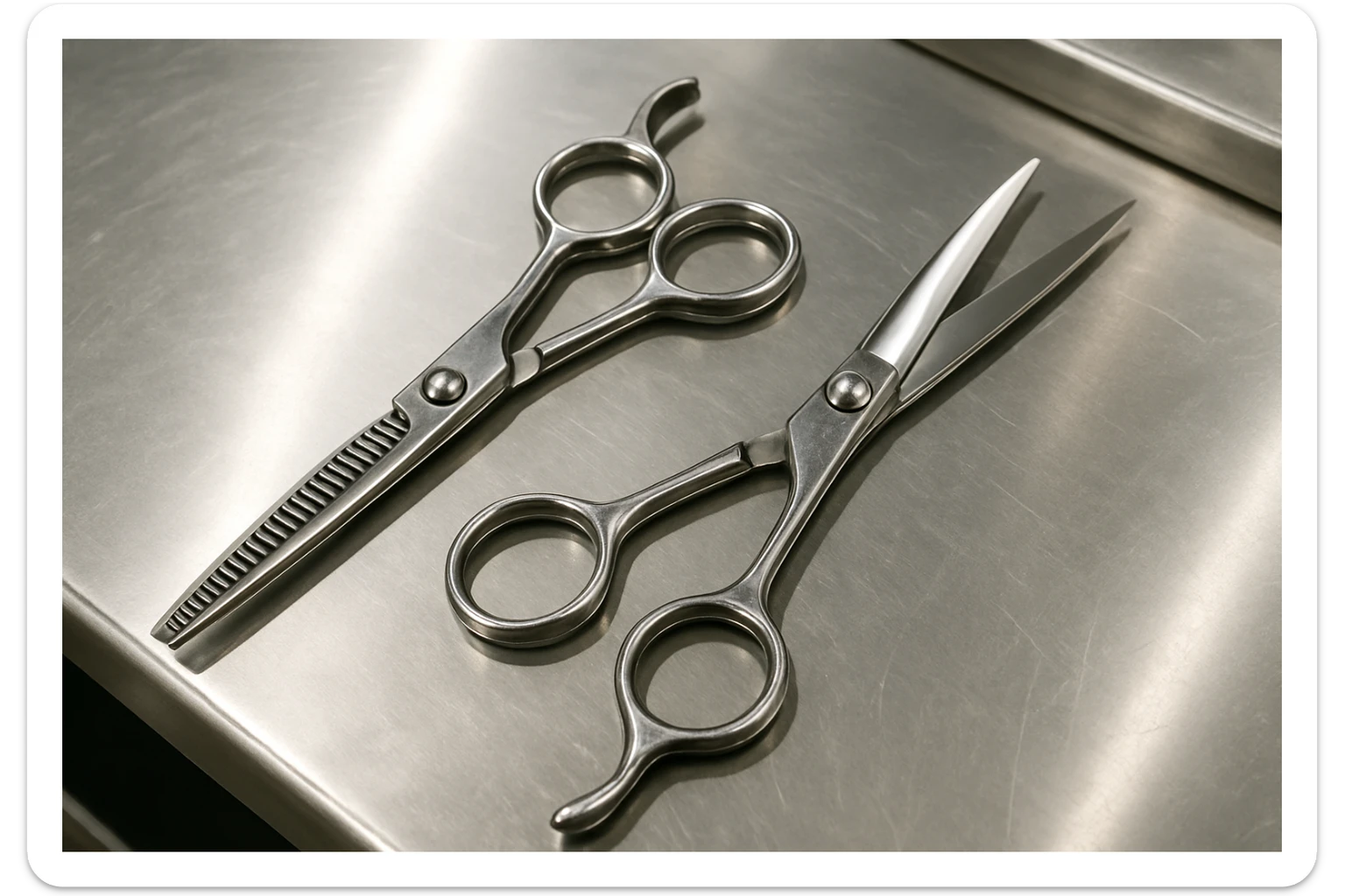 A set of professional barber scissors lies on a stainless steel workbench, gleaming under the bright lights. The blades are sharp and precise, with smooth handles showing signs of frequent use, ready for the next cut sticker