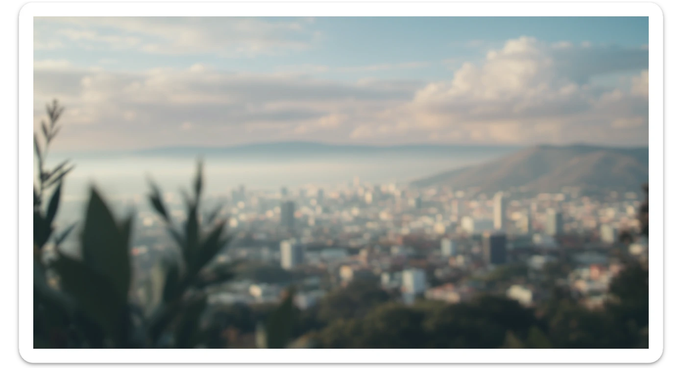 A cinemaatic still of a city, blurred plants in the foreground, shale fly above city sky, rolling hills in the background, cinematic depth of field, layered composition, natural lighting sticker