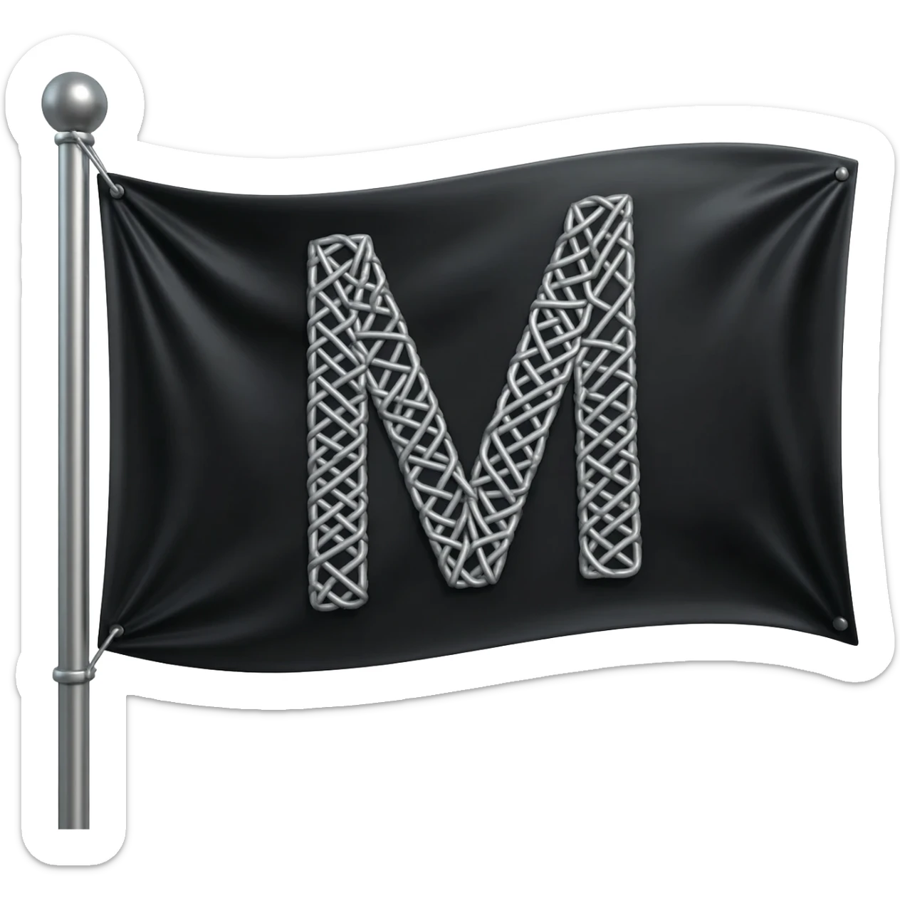 ...Minimalist 3D isometric render based on image_1.png: a large, sharp, geometric letter 'M' woven with matte steel-grey thread central on the draped black silk flag. Polished steel pole, pure white background for sticker quality --no background sticker