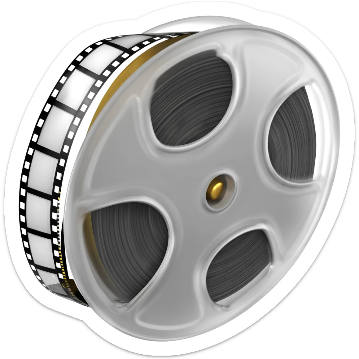 35mm movie film reel with a snippet of film sticking sticker