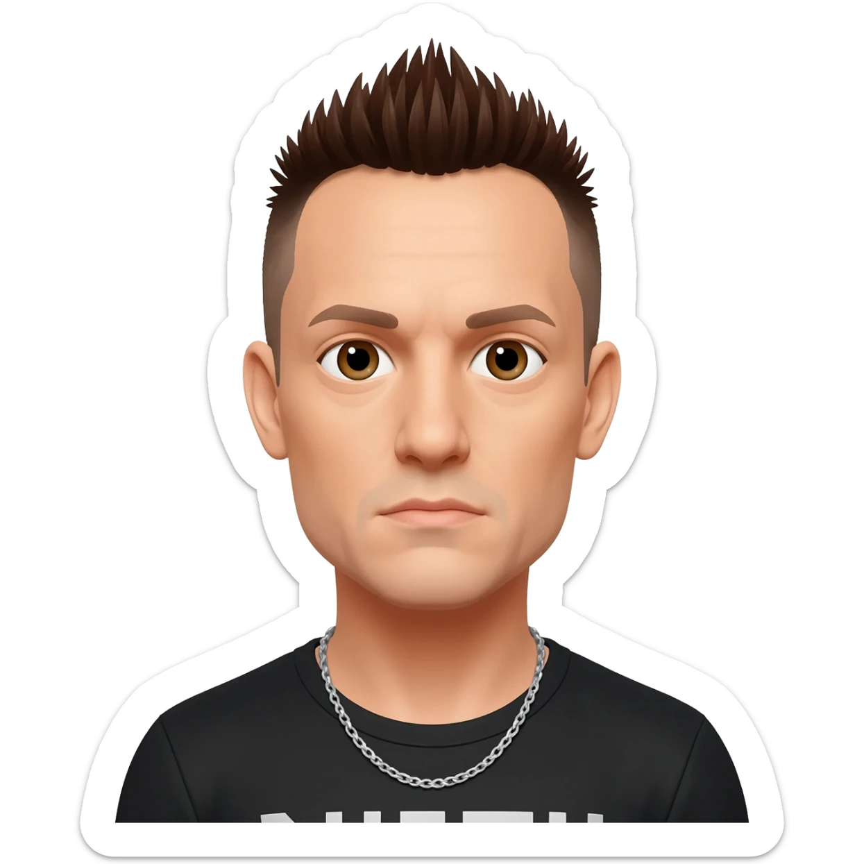 Chester Bennington with brown eyes, dark brown mohawk hair, black metallic t-shirt, silver necklace sticker