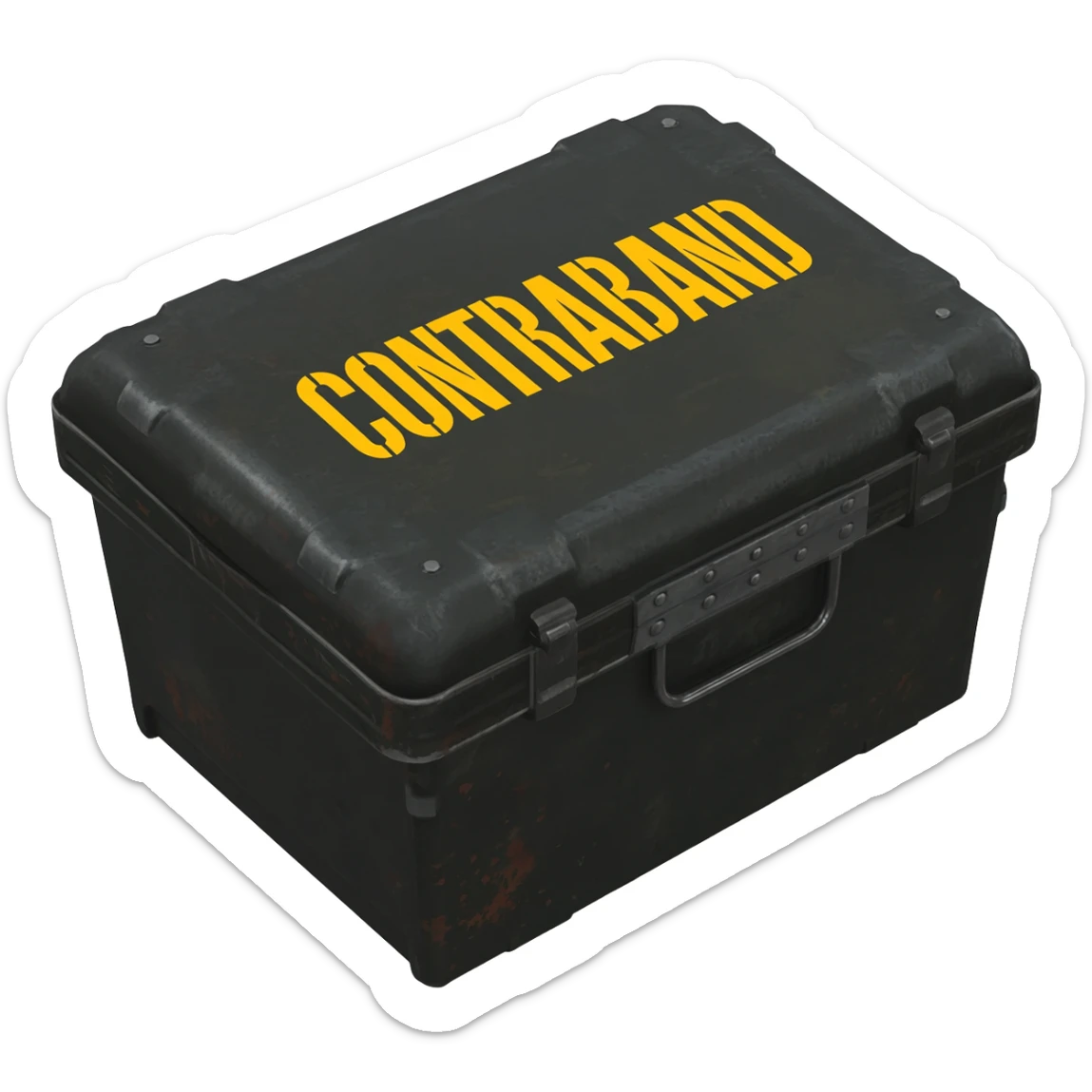 black military ammo box view from 35 degres with a yellow text on it "CONTRABAND" with apple/ios style sticker