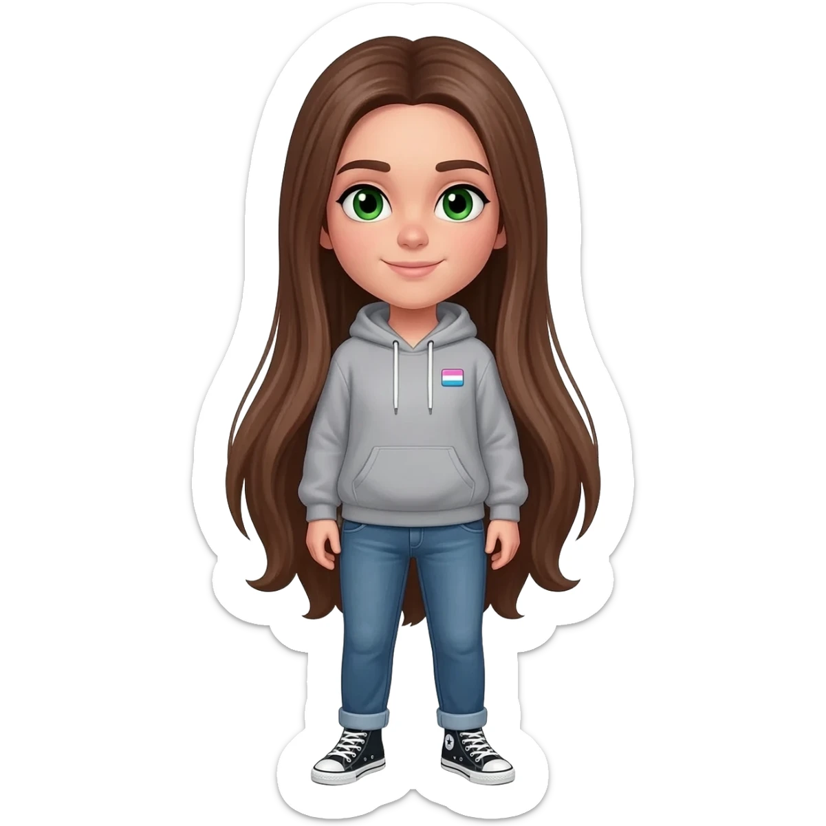 Person with brown hair that goes to their mid back, green eyes a hoodie, jeans and converse with a non binary flag pin sticker