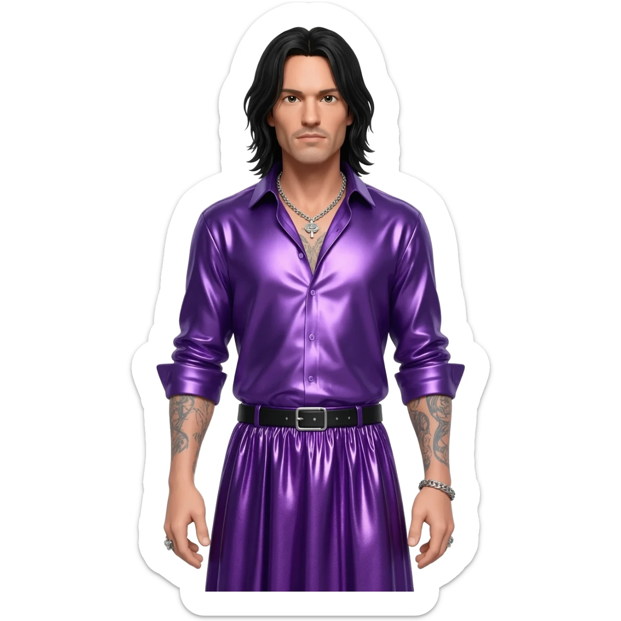 Jonathan Davis with long black hair, purple metallic shirt, purple metallic long baggy skirt , silver necklace sticker
