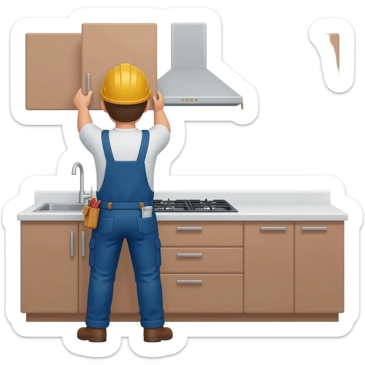 Emoji-style construction worker remodeling a kitchen, installing cabinets with tools, modern kitchen visible with countertops, cabinets, sink and stove, bright emoji style. sticker