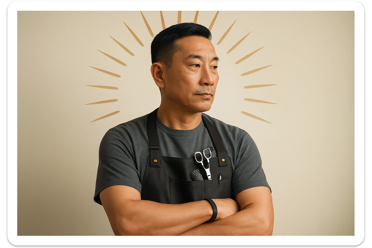 shu pozada turgan faqat o'ng tarafga qarab turgan sartarosh ustani tasvirlab ber realistik uslubda yoshi kattaroq soqol shart emas va osiyolik erkak  sticker