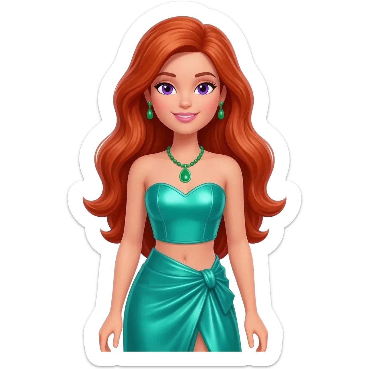 PJ from Barbie and Friends with violet eyes, long red hair, sea green metallic sweetheart crop top, sea green metallic assymetrical long skirt, green necklace and earrings sticker