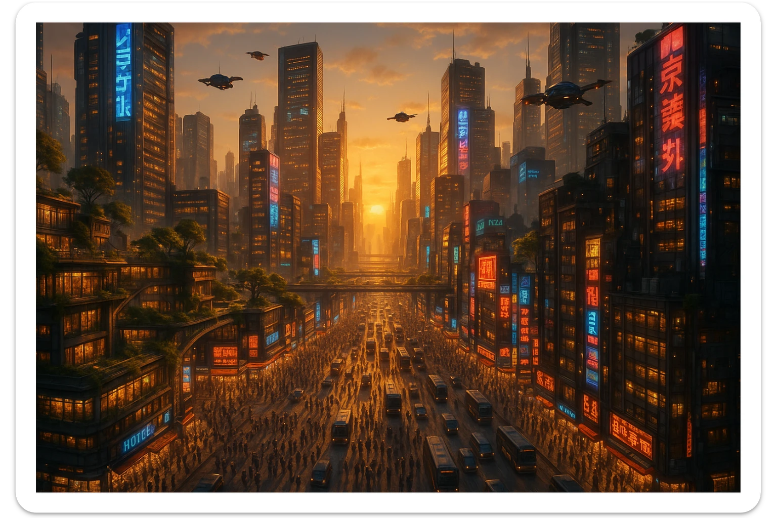 A stunning 4K ultra-detailed image of a gigantic futuristic city during golden hour, filled with thousands of people, busy streets packed with cars and buses, towering skyscrapers with glowing windows, vibrant neon signs, flying drones, and warm sunlight casting long shadows. Lush rooftop gardens and elevated walkways weave through the cityscape. A sense of life, motion, and scale—hyper-realistic, cinematic view from a high angle sticker