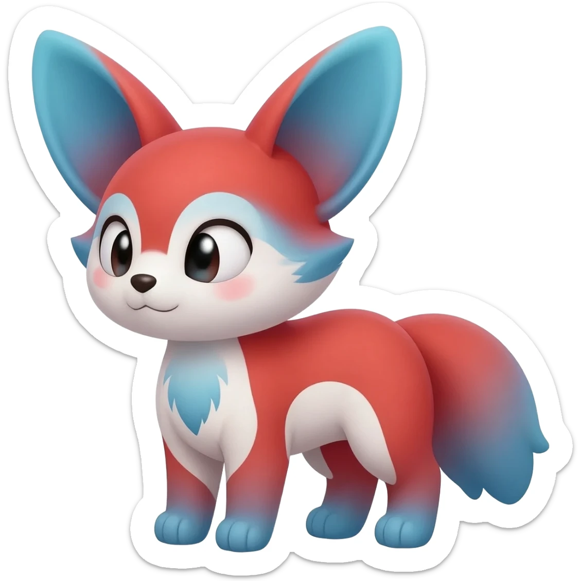Exotic-colored red-bluish-Gradiented Big-eared big-eyed cute realistic animalistic feral digitigrade 4-legged anime-styled Meloetta-Furret-Sergal-Serval-hybrid-fusion-creature-animal, full body sticker