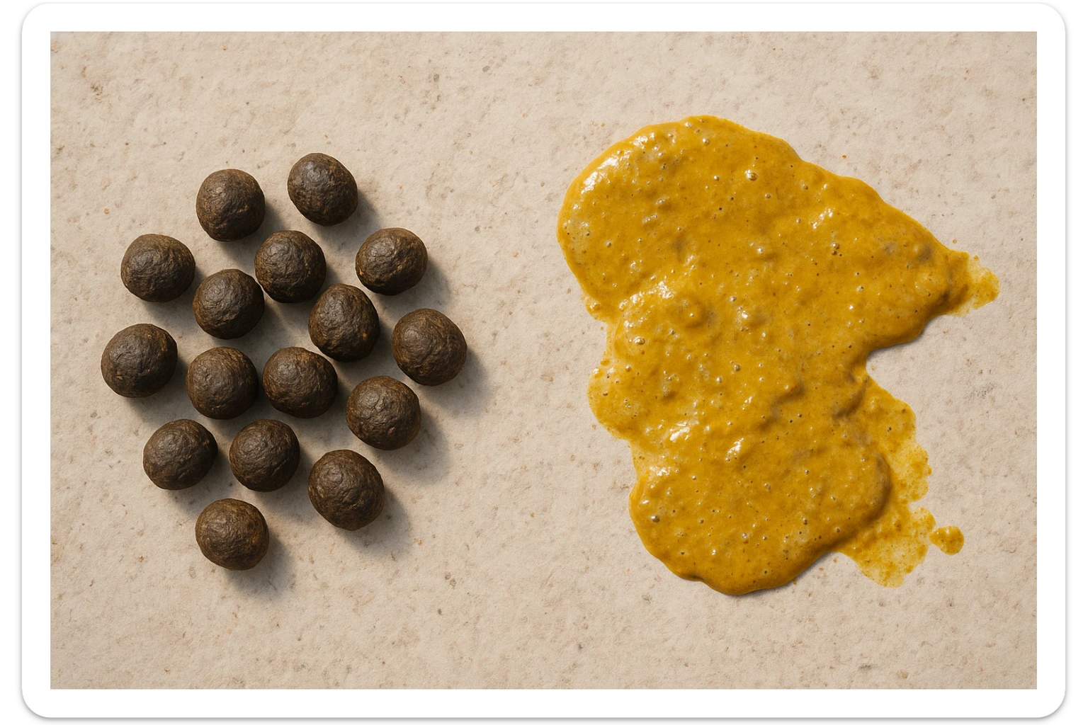 feci di animale a palline viste dall'alto e feci di animale liquide e gialline viste dall'alto, iperrealistico 4k sticker