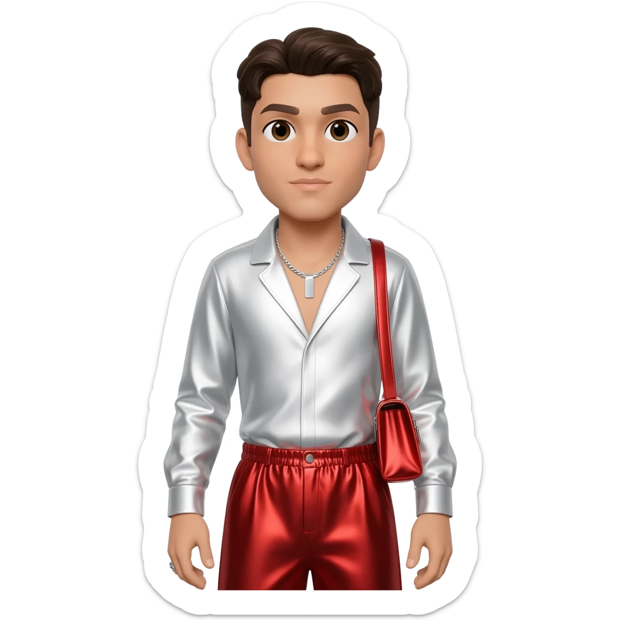 Anwar Jibawi with dark brown hair, white metallic shirt, red metallic baggy pants, silver necklace sticker