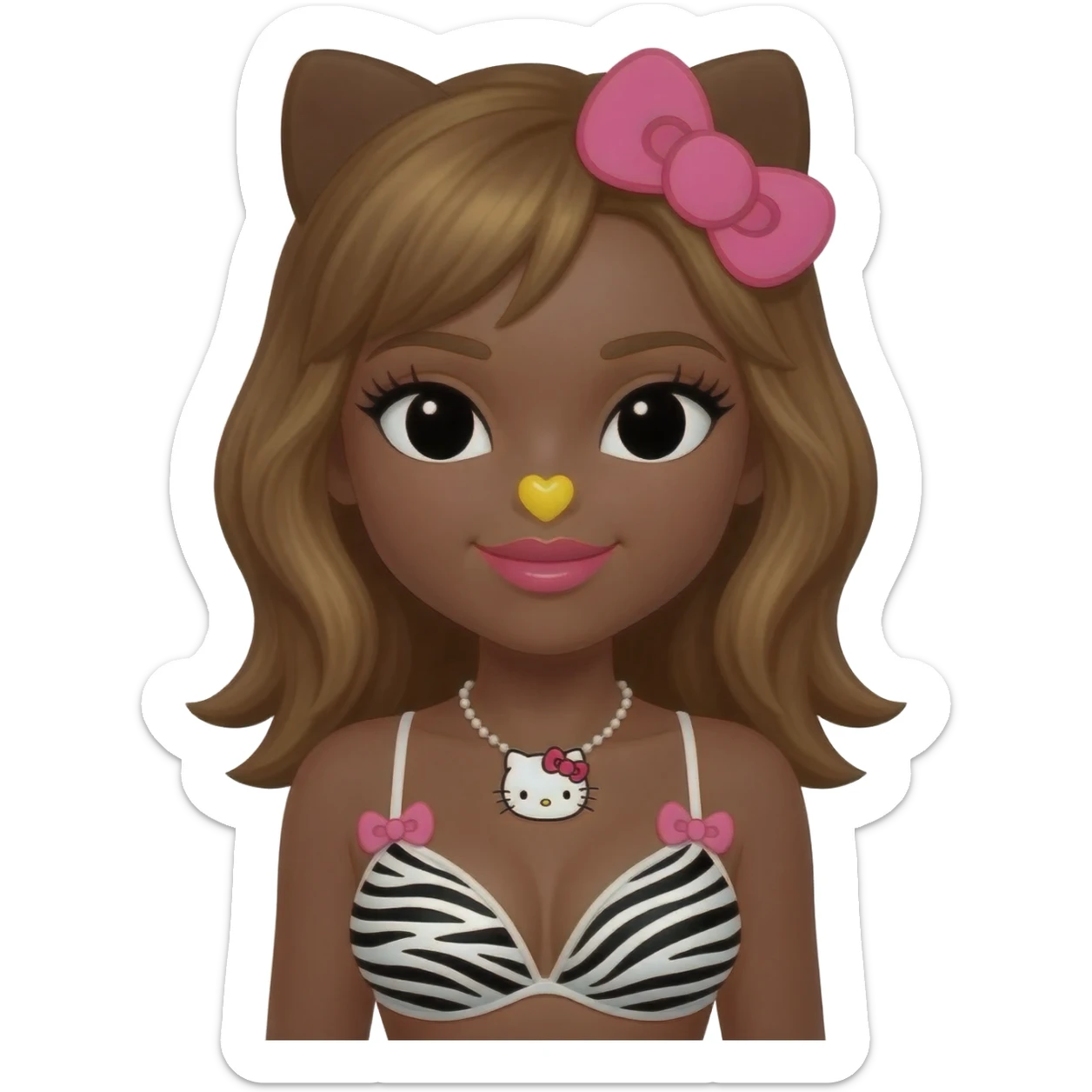 black eyes, cute heart shaped lips, long lashes, bimbo, dark brown skin with honey brown hair with hello kitty brown ears, with yellow nose, zebra print bra with pink bows, hello kitty necklace sticker