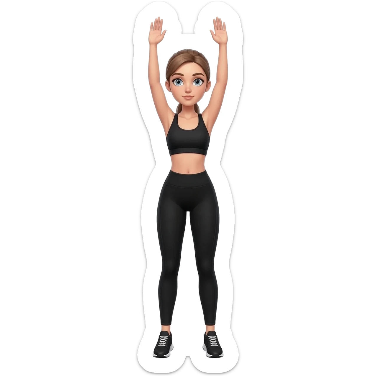 standing stretch with arms overhead, fair-skinned woman, light gray-blue eyes, ash brown brows, ash light brown hair tied back, slim athletic body, black workout set, black sneakers with white soles sticker
