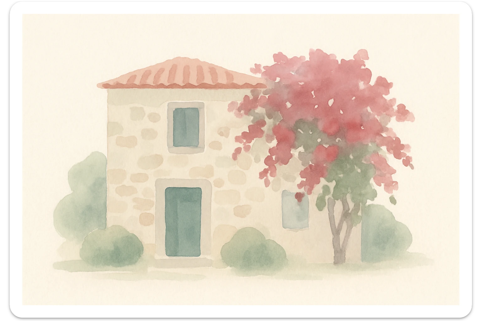 Bodrum villa with traditional stone walls, bougainvillea flowers, and a tiled roof, watercolor illustration style sticker