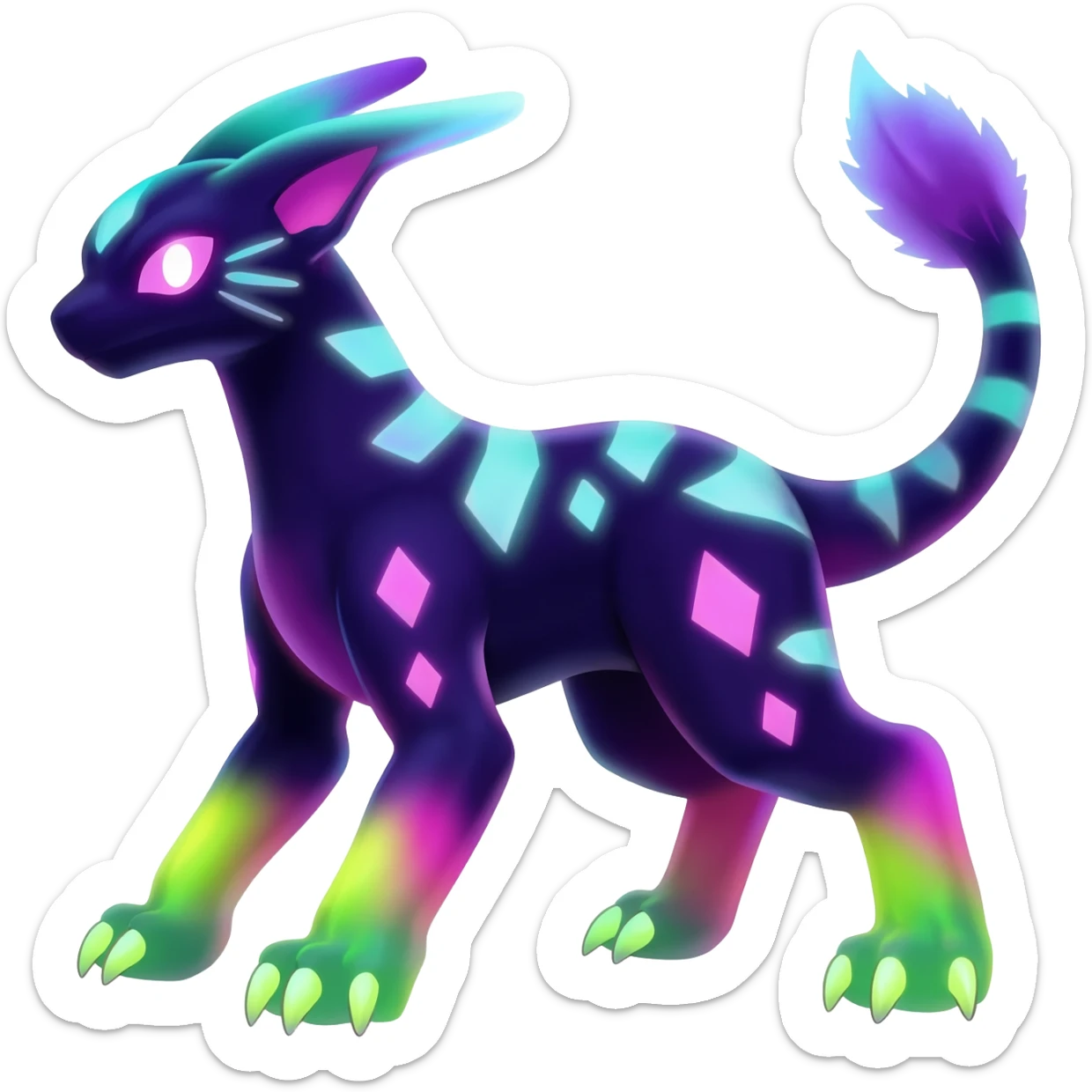 Rare realistic dark-neon glowing bioluminescent edgy badass epic pretty beautiful handsome gorgeous aesthetic colorful vibrant Vernid-Trico-species-Fakemon-creature by LiLaiRa, 4 legs, 1 tail, random markings, (full body) sticker