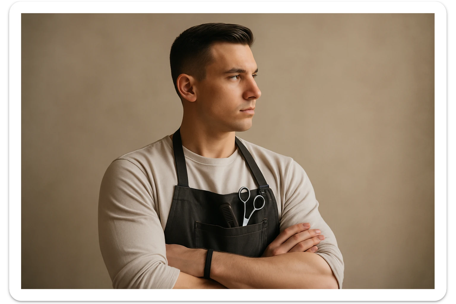 shu pozada turgan faqat o'ng tarafga qarab turgan sartarosh ustani tasvirlab ber realistik uslubda yoshi kattaroq soqol shart emas sticker