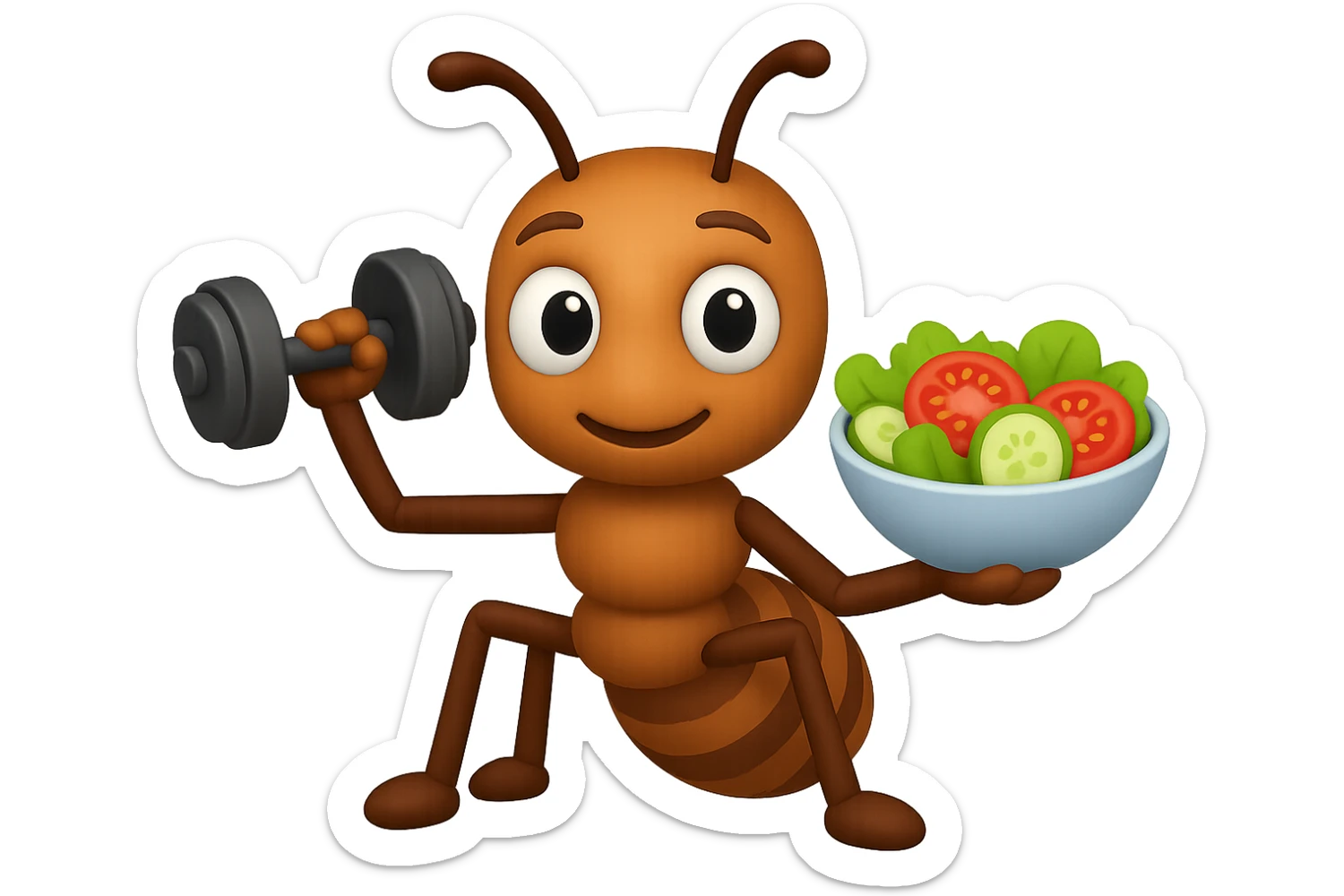 EMOJI STILE IPHONE 3D DI UNA formica CHE ha un manubrio da palestra nella mano destra e un insalata nella mano sinistra, FAGLI GLI OCCHI CON LA PARTE BIANCA, NON SOLO LA PUPILLA sticker