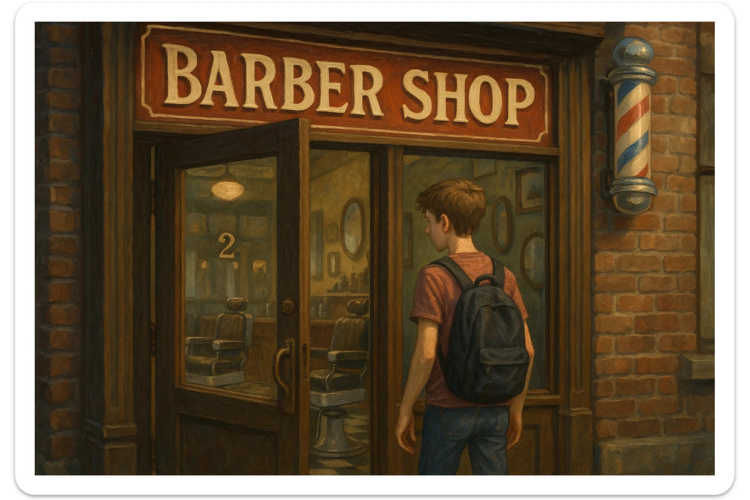 Sartaroshxonaga kirib kelayotgan! O'smirin bola sartaroshxona yangi ham eski ham e,as sticker