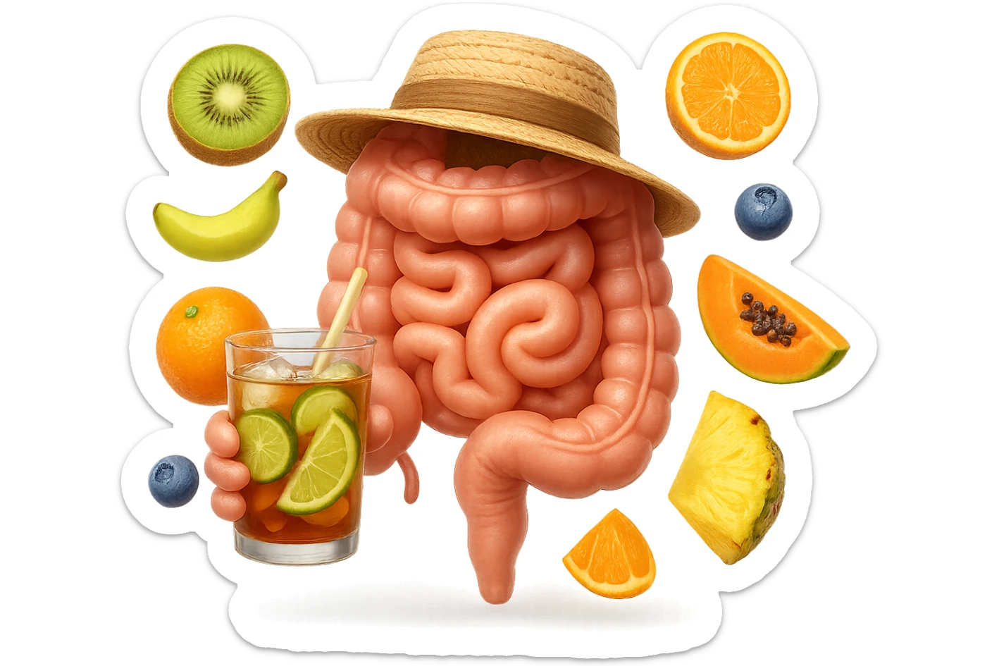 EMOJI STILE IPHONE DI INTESTINO UMANO REALISTICO CON CAPPELLO DI PAGLIA DA SPIAGGIA CHE BEVE UN Tè FREDDO IN BICCHIERE DI VETRO CON DENTRO  fette di cetriolo, limone, lime, DIETRO L'INTESTINO FLUTTUANO PEZZETTI DI Kiwi
Banana acerba
Arance e mandarini
Mirtilli
Ananas
Papaya
IPERREALISTICO 4K sticker
