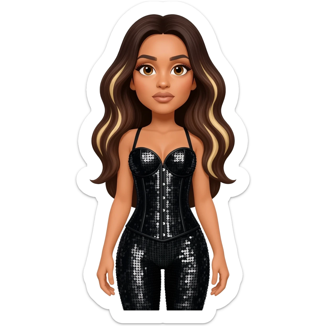 Jade Thirlwall with brown eyes, long dark brown hair with light blonde highlights, black sequin corset, black sequin leggings sticker