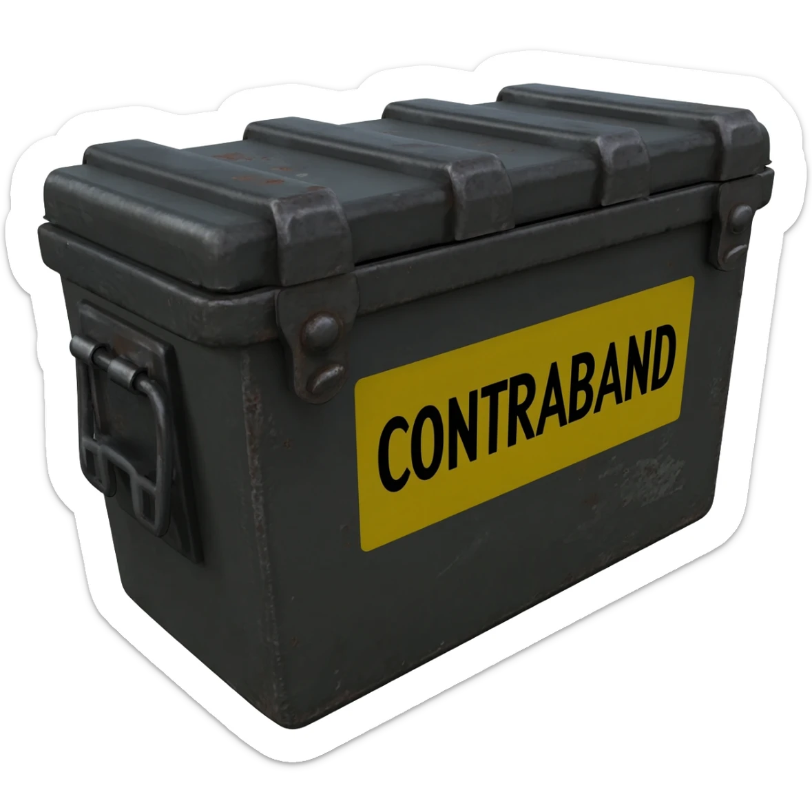 black military ammo box view from 35 degres with a yellow text on it "CONTRABAND" with apple/ios style sticker