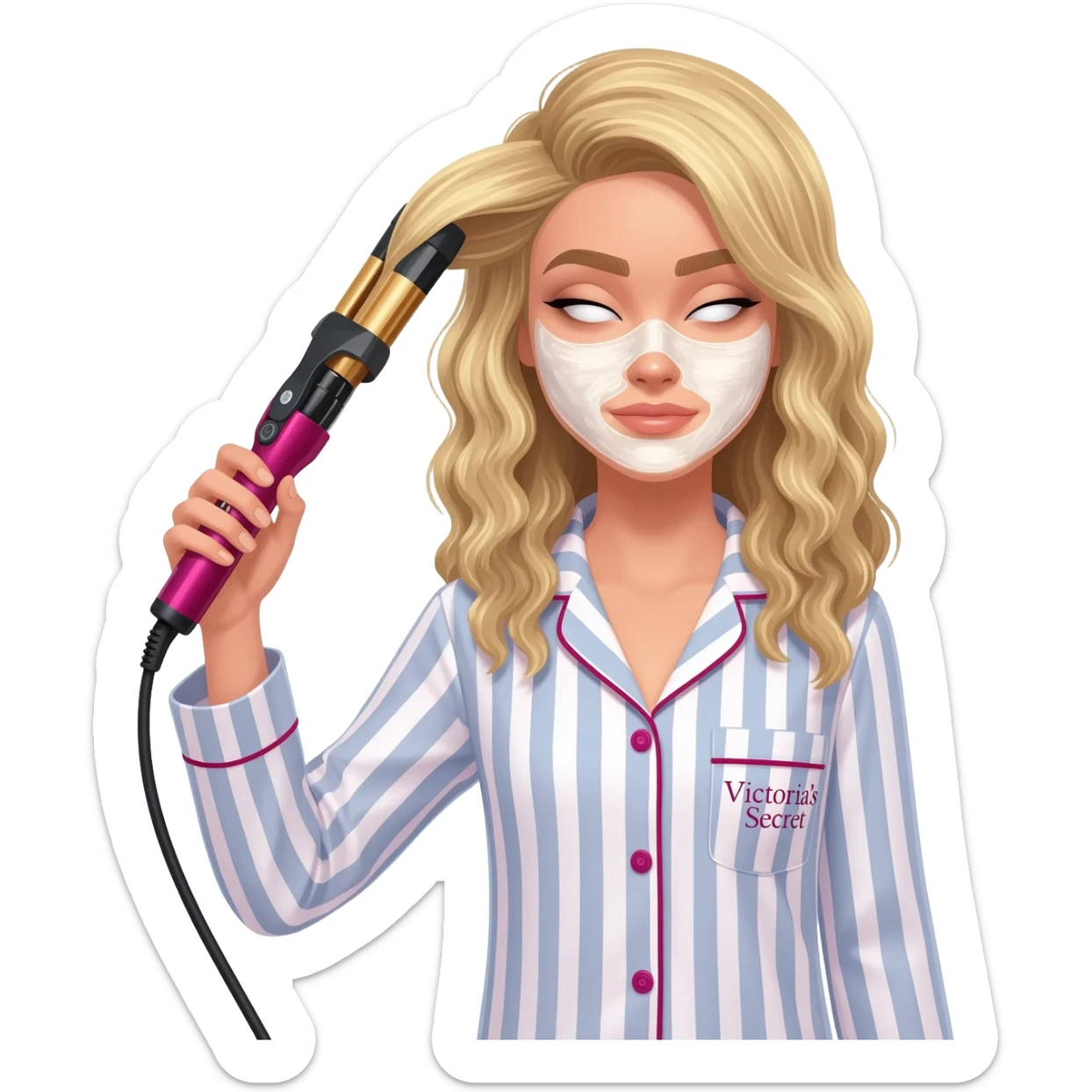 Draw a blonde girl wearing striped Victoria's Secret pajamas, styling her hair with a curling iron, and also apply a skincare mask. sticker