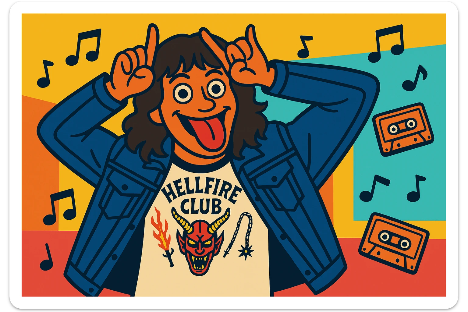 Eddie Munson in vibrant toon style, wide aspect ratio (16:9), making a playful face with hands as horns and tongue out, with musical notes and cassette tapes floating around, lighter vivid colors and dark outlines. sticker