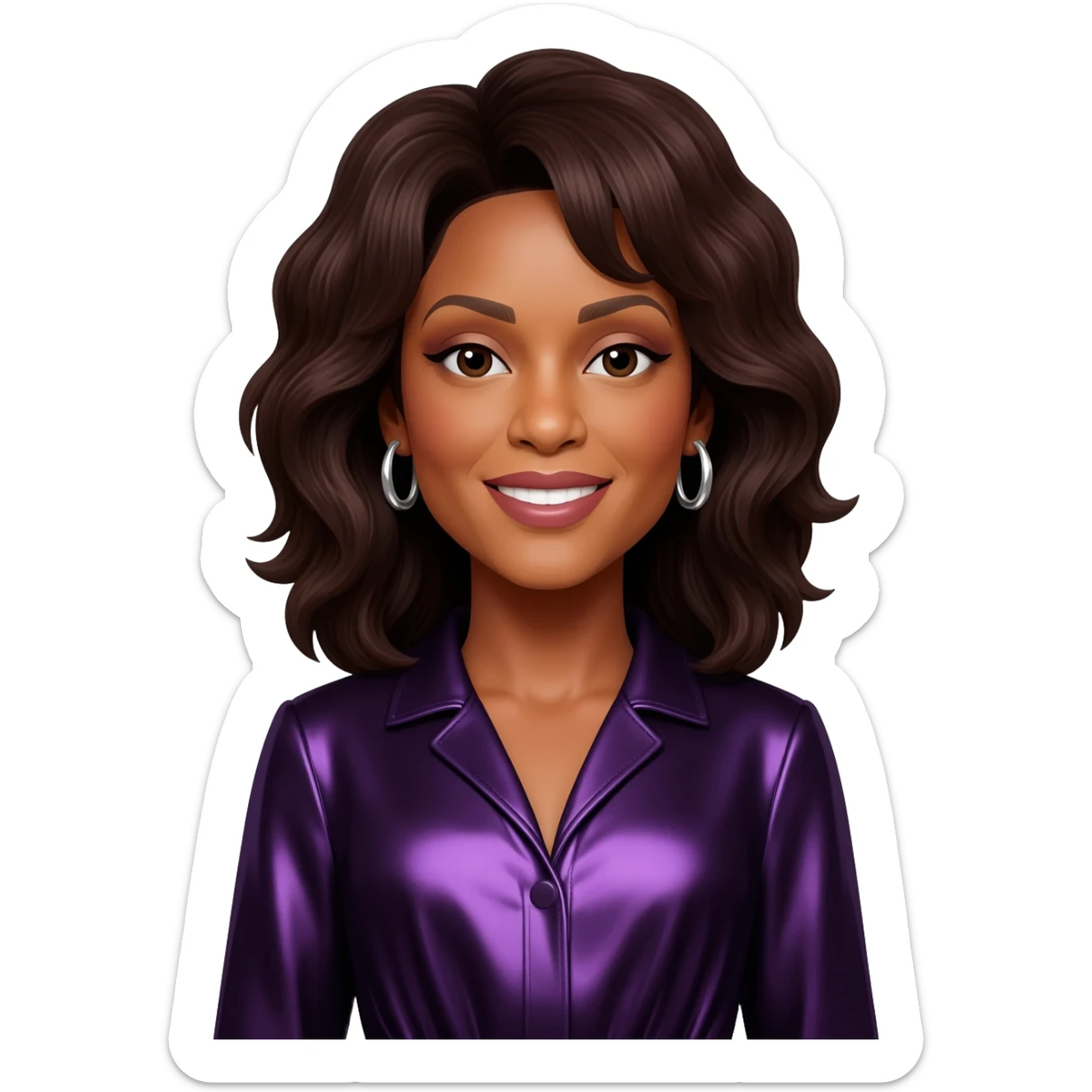 Whitney Houston with dark brown hair, dark purple metallic jumpsuit, silver earrings sticker