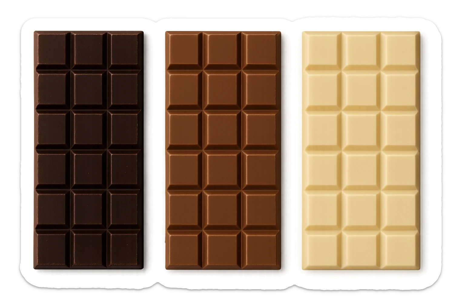 3 BARRETTE DI CIOCCOLATO, UNA FONDENTE, UNA AL LATTE E UNA BIANCA, VISTE DALL'ALTO, IPERREALISTICO 4K sticker