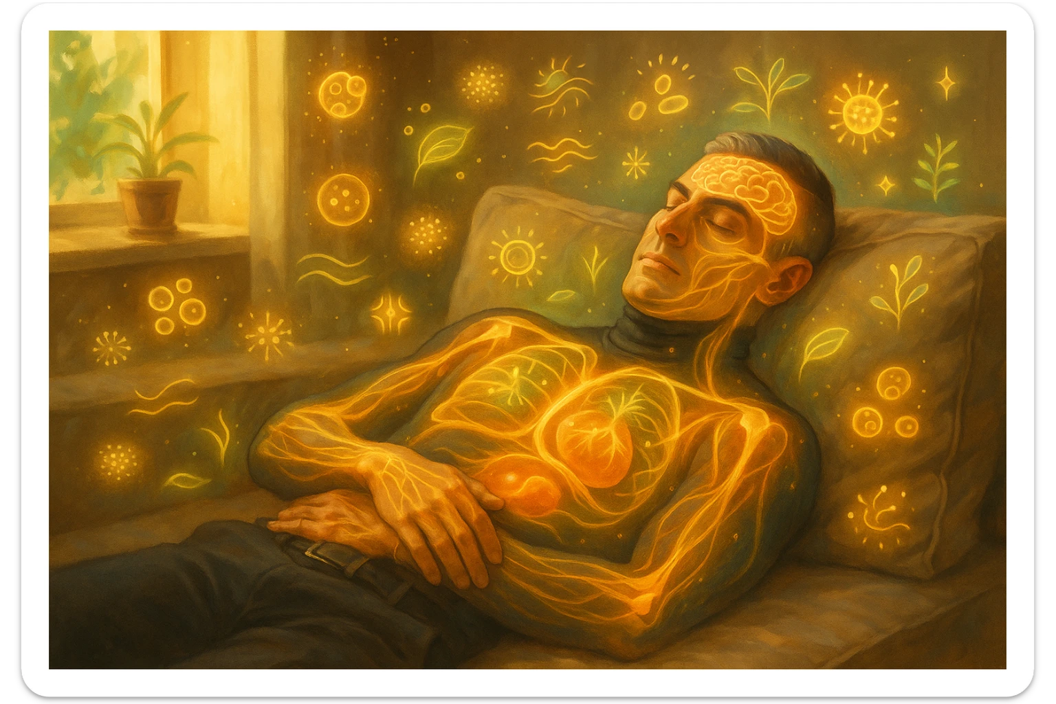 Uomo sdraiato su un divano nel primo pomeriggio, mentre fa un breve riposino. Il suo corpo appare parzialmente trasparente o stilizzato, con luce calda e flussi energetici dorati e verdi che scorrono attraverso muscoli, cervello, e organi. Intorno a lui si vedono piccoli simboli di rigenerazione: cellule che si rinnovano, tessuti che si illuminano, aura rilassata. L'ambiente è calmo e ordinato, luce naturale che entra da una finestra, atmosfera rigenerante, stile realistico con accenti metaforici. sticker