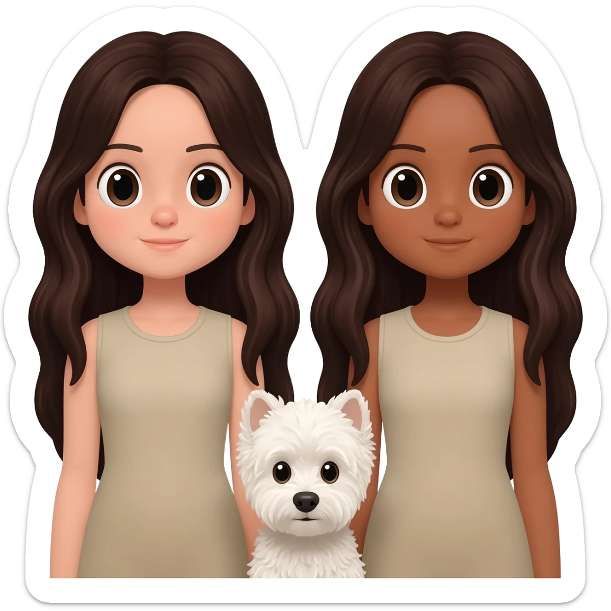 Only include faces two identical girls both with very dark long brown hair and darker beige ish skin with a white dog small dog sticker