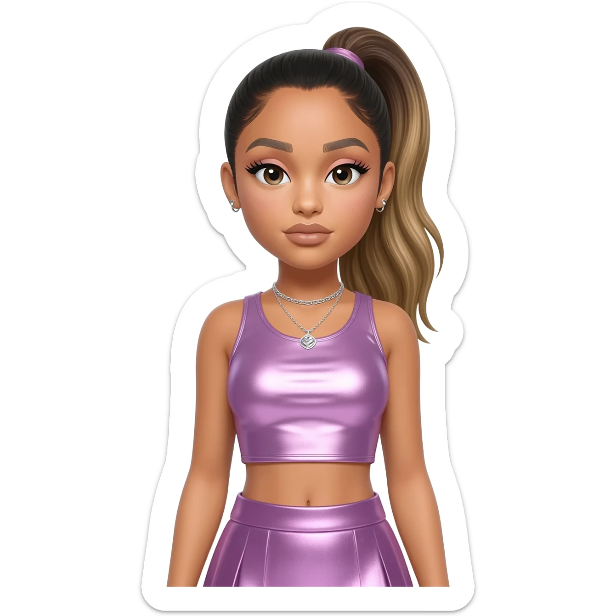 Ariana Grande with dark blonde ponytail hair, lavender pink metallic crop top, lavender pink metallic skirt, silver necklace sticker